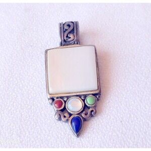 VINTAGE SILVER Mother of Pearl Moonstone Blue Green Red Stones PENDANT 35mm 6.2g